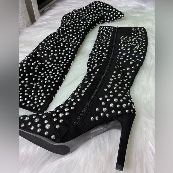 NIB Lauren Lorraine Haddie Silver Studded Knee High Black Stiletto Boots - Picture 9 of 12